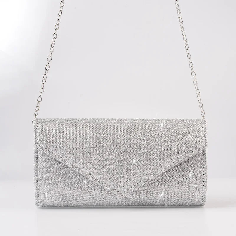 Women Envelope Evening Bag Glitter Ladies Chain Shoulder Bags Shiny Silver Long Purse Female Wedding Party Clutches Mini Handbag