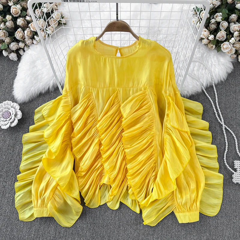 Women Spring Autumn Blouse New European American Vintage Round Neck Ruffle Loose Long Sleeved Foreign Style Irregular Top D2338
