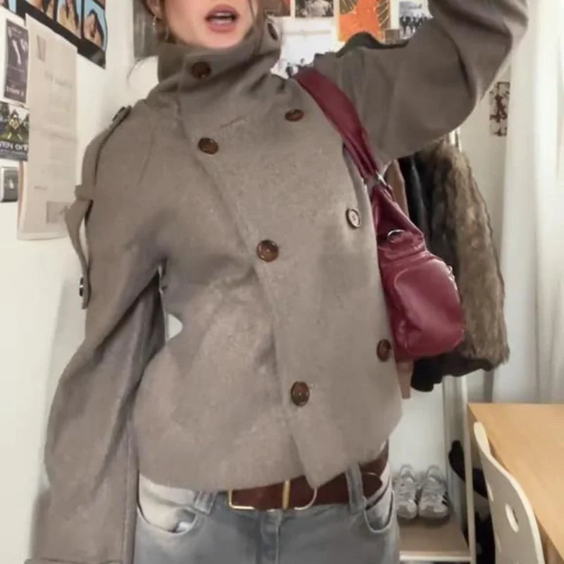 Elegant Women's Short Woolen Coats Stand Collar Double Breasted Long Sleeve Female Jacket 2025 Autumn Winter Lady Warm Outwear