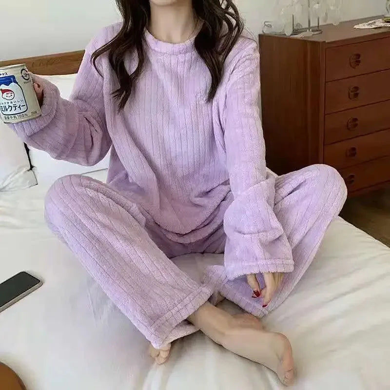Soft Coral Velvet Jacquard Warm Pajama Set for Women Cozy Loungewear Outerwear for Winter Christmas Valentine's Day Gift ﻿