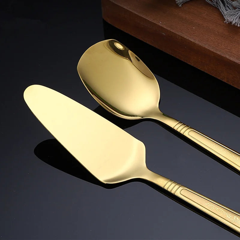 Stainless Steel Kitchen Gold Cooking Utensils Hollow Shovel Spatula Large Salad Spoon Fork Stirring Serving Tableware