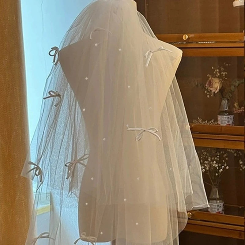 Bride Veil Studded Bowknot Beaded Head Covering Wedding Hair Covering White Wedding Veil Headscarf Short Veil DropShip