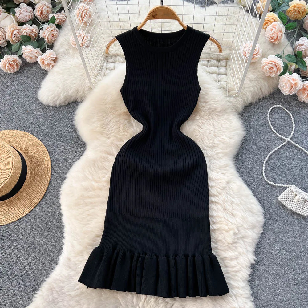 2025 Early Autumn Sexy Package Hips Ruffles Mini Dress Summer Fashion Y2K Knitted Bodycon Ladies Dress Korean Party Vestidos