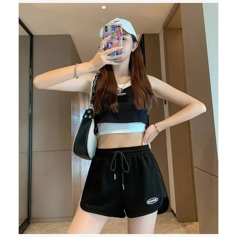 Women Casual Drawstring Sports Shorts Summer Thin High Waist Yoga A-line Shorts Loose Women Running Straight Trousers