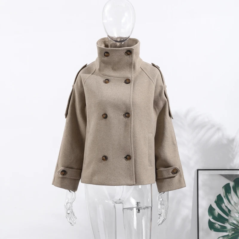 Elegant Women's Short Woolen Coats Stand Collar Double Breasted Long Sleeve Female Jacket 2025 Autumn Winter Lady Warm Outwear
