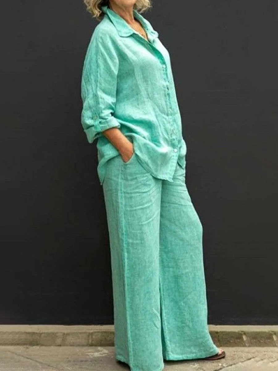 Solid Color Linen Two Piece Sets Women Outfits Spring Autumn Simple Long Sleeve Shirt Loose Trousets Set Office Casual Suit