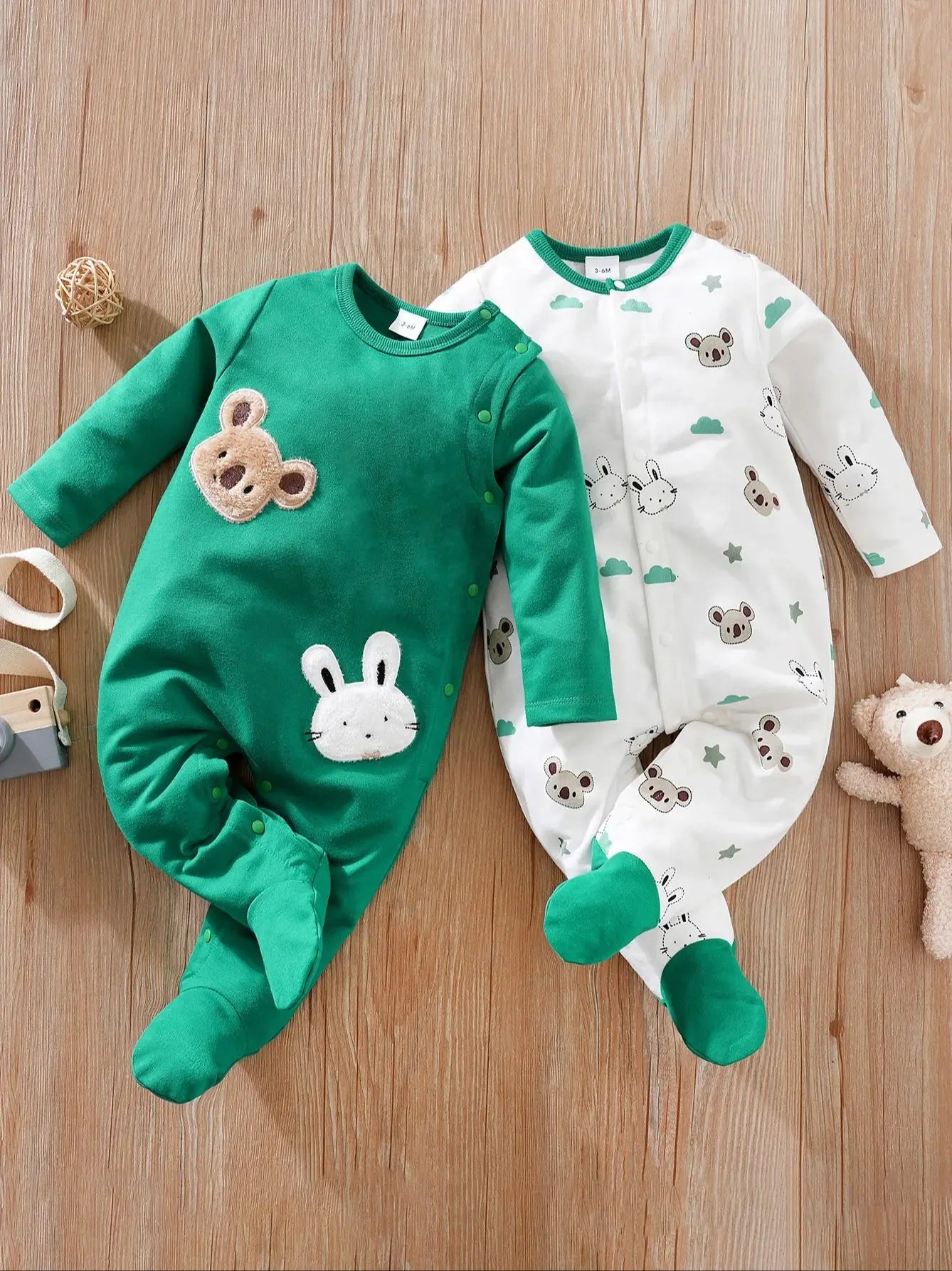 2pcs Infant's Bunny  Koala Print 0-24M  Bodysuit Spring and Autumn Comfy Long Sleeve Onesie, Baby Boy's Clothing, As Gift