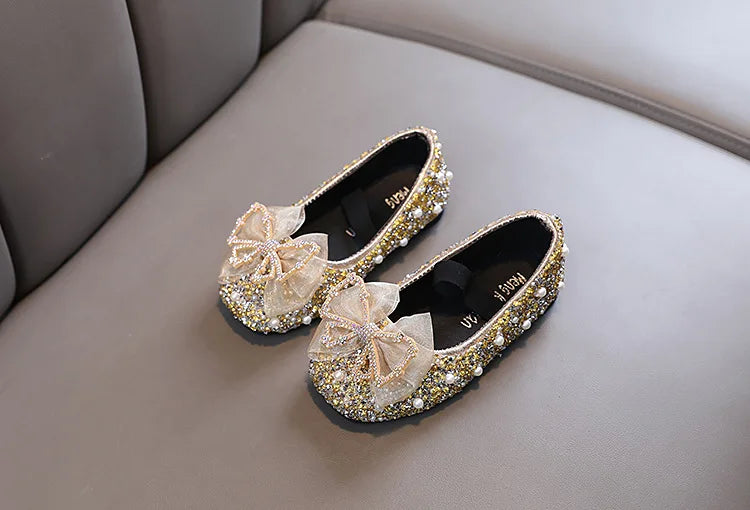 Girls Princess Shoes Glitter Luxury Party Shallow Children Ballet Flats 21-36 Elastic Band Fashion Lace Bowknot Kids Dance Shoes