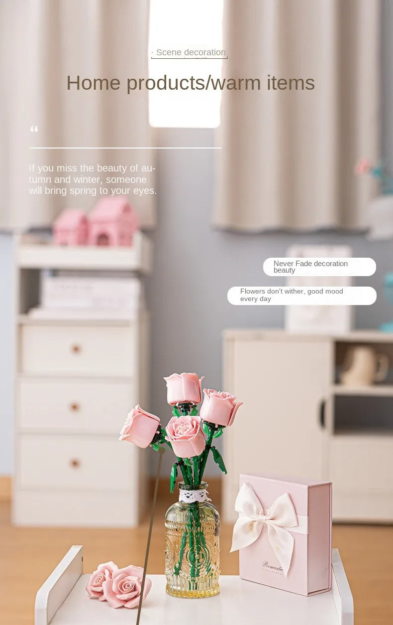 Romantic Rose Flower Bouquet Building Block Eternal Model Assembly Plastic Plant Brick Home Decor Mother's Day Birthday R Gift