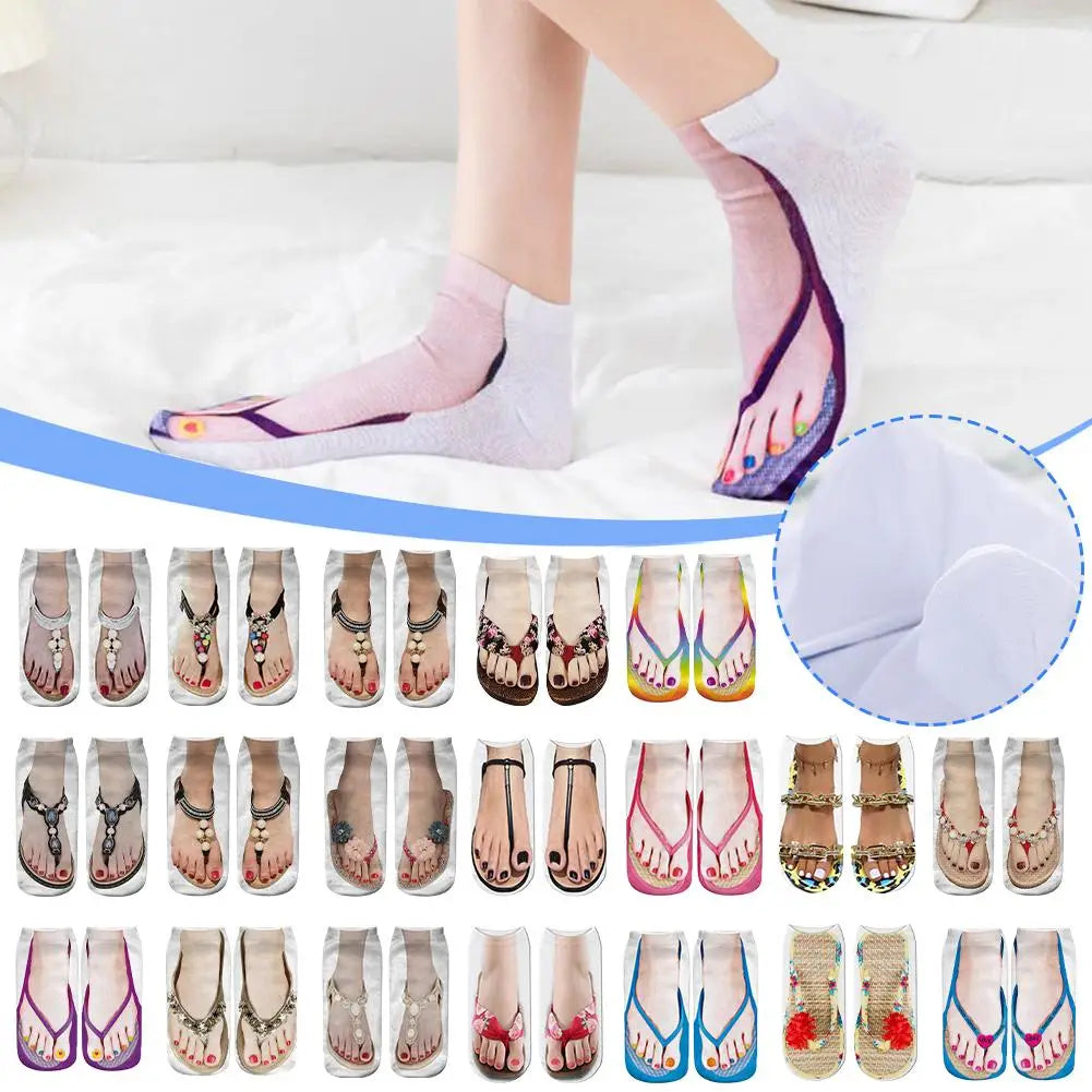 1 Pair 3D Printing Pattern Flip Flop Socks Funny Socks for Women Flip-flop Ankle Socks Low Cut Floor Socks Hosiery Novelty Gifts