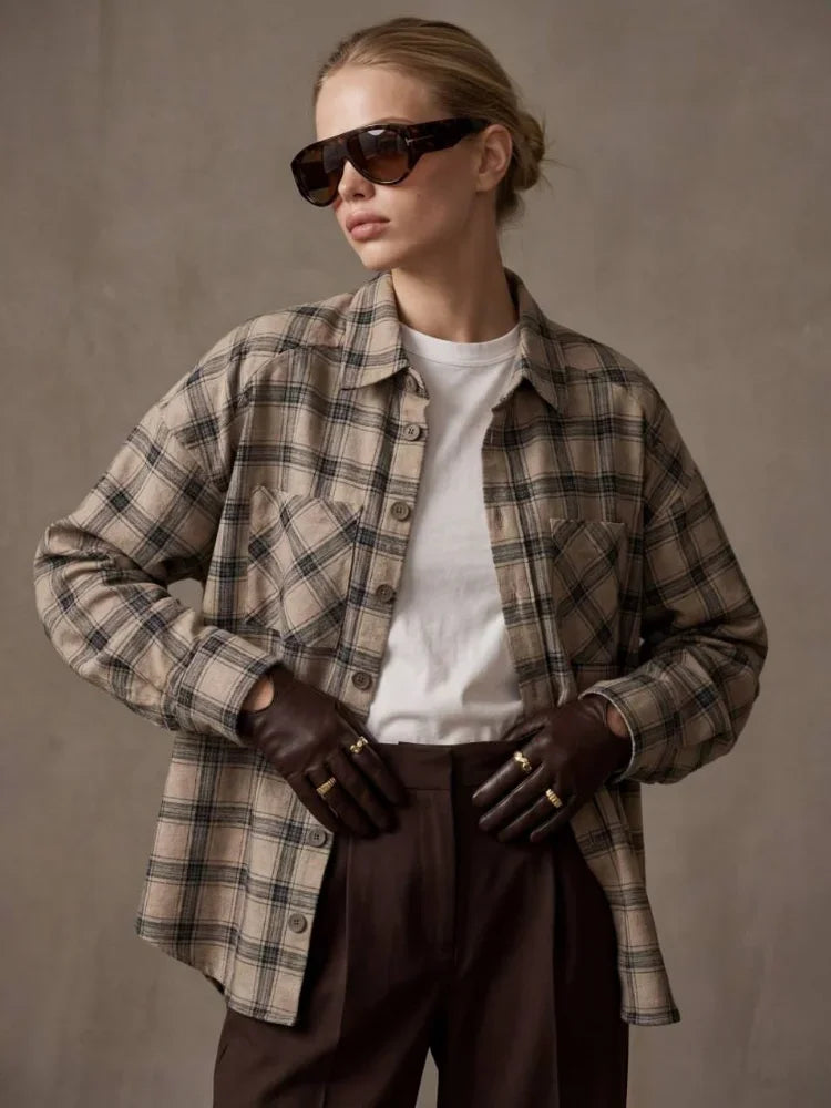 Color-block Women's Single-breasted Plaid Shirt Lady Fashion Chic Vintage Lapel Full Sleeve Pockets 2026 Spring Indoor Tops