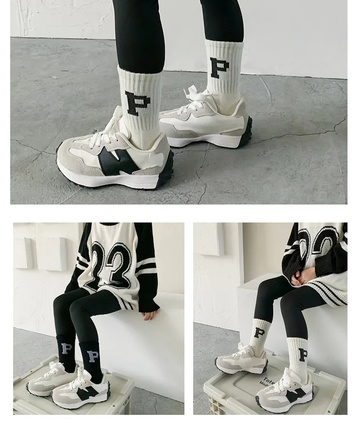 Korean Fashion Letter Socks Children Knit Cotton Middle Tube Socks Boys Girls School Casual Sports Socks 1-8years Old