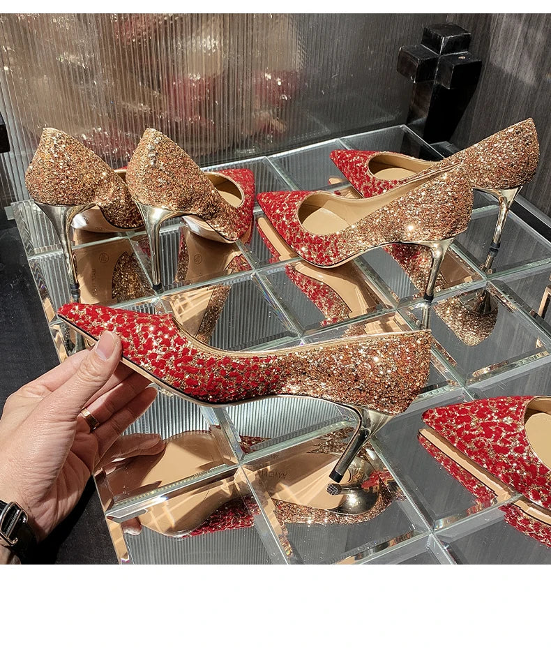 Heels for women luxury women's High Heels Pointed Toe Glitter Red Designer Pumps Wedding Bridal Valentine Ladies shoes Women