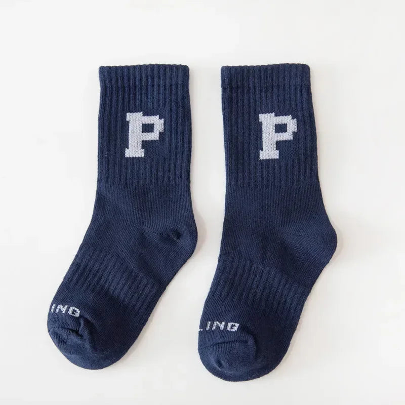 Korean Fashion Letter Socks Children Knit Cotton Middle Tube Socks Boys Girls School Casual Sports Socks 1-8years Old