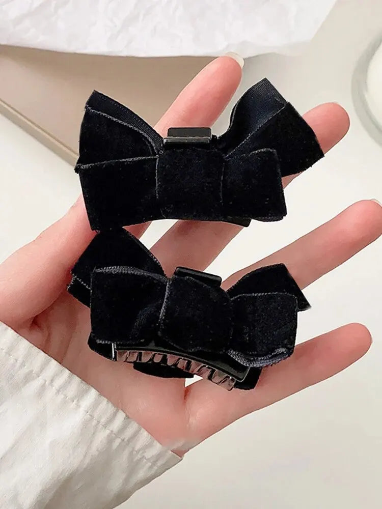 2pcs Black Bow Small Grab Clip Women's Autumn And Winter Vintage Velvet Bangle Clip Hair Clip Style Princess Hair Clip Headwear