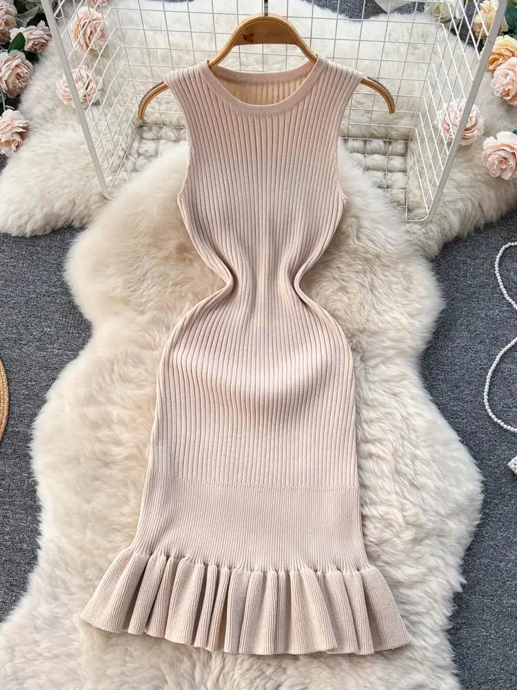 2025 Early Autumn Sexy Package Hips Ruffles Mini Dress Summer Fashion Y2K Knitted Bodycon Ladies Dress Korean Party Vestidos