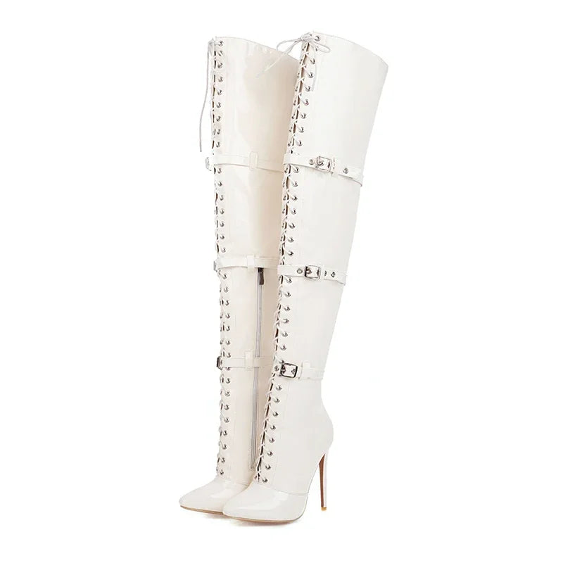 Women Sexy Cross Tied Thigh High Boots Pointed Toe Thin High Heels Over The Knee Boots Patent Leather Shoes Woman 33-46