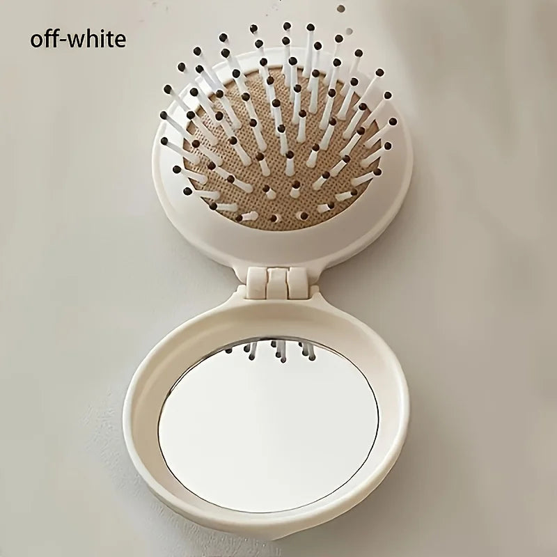 Mini Portable Folding Travel Hair Brush with Mirror for Women Lightweight Plastic Dual Fold Design for Outdoor Use Hand Washable