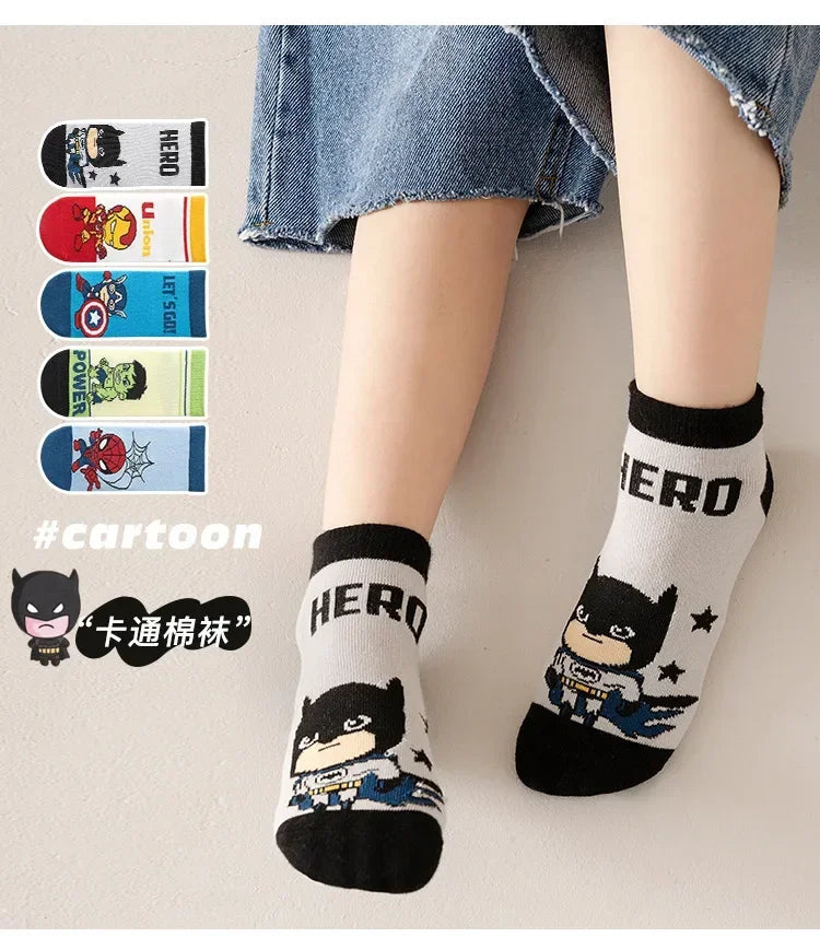 5 Pairs Spiderman Cotton Children's Socks iron Man Hulk Thor Anime kids Boys Short Socks Cartoon Baby Spring Summer Short Socks
