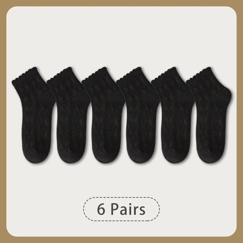 6 Pair Women Is Summer Thin Gradient Solid Cotton Simple Sweet Cute Socks Comfortable Wood Ear Edge Lolita Fashion Wear