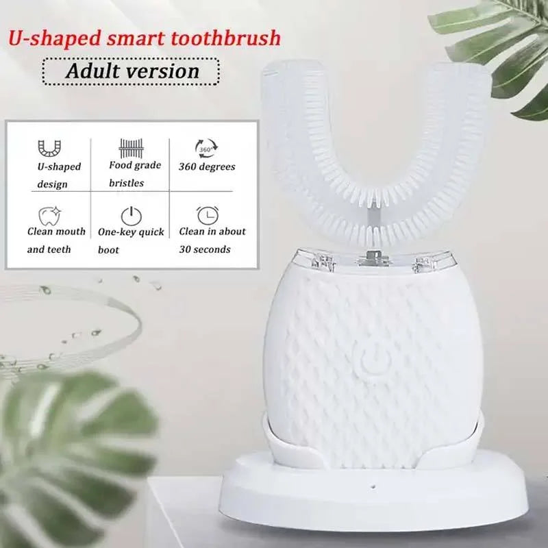 Professional Protable Electric Toothbrush Adult Automatic Rechargeable Hands Free 360 Cleaning U Shape Toothbrush