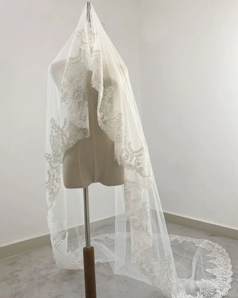 Real Photos White/Ivory Cathedral Wedding Veil 3M One Layer Lace Beads Mantilla Bridal Veils Wedding Accessories Veu De Noiva