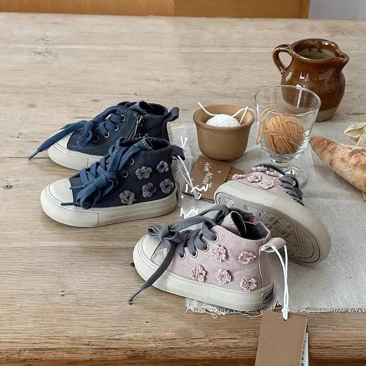 Children High Top Canvas Shoes Baby Soft Casual Shoes Boys Girls Fashion Anti-slip Side Zip Sneakers