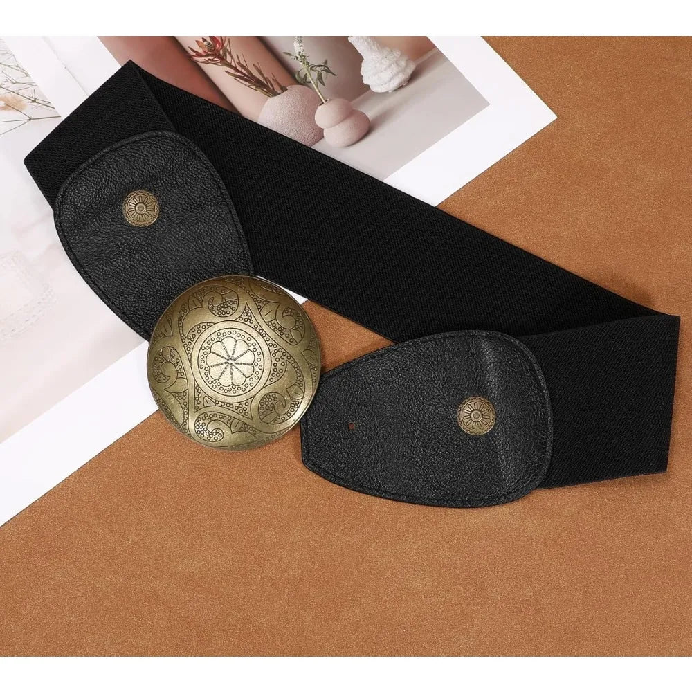 Women Wide Elastic Belt Western Buckle Vintage Strecth Waist Belt for Dress
