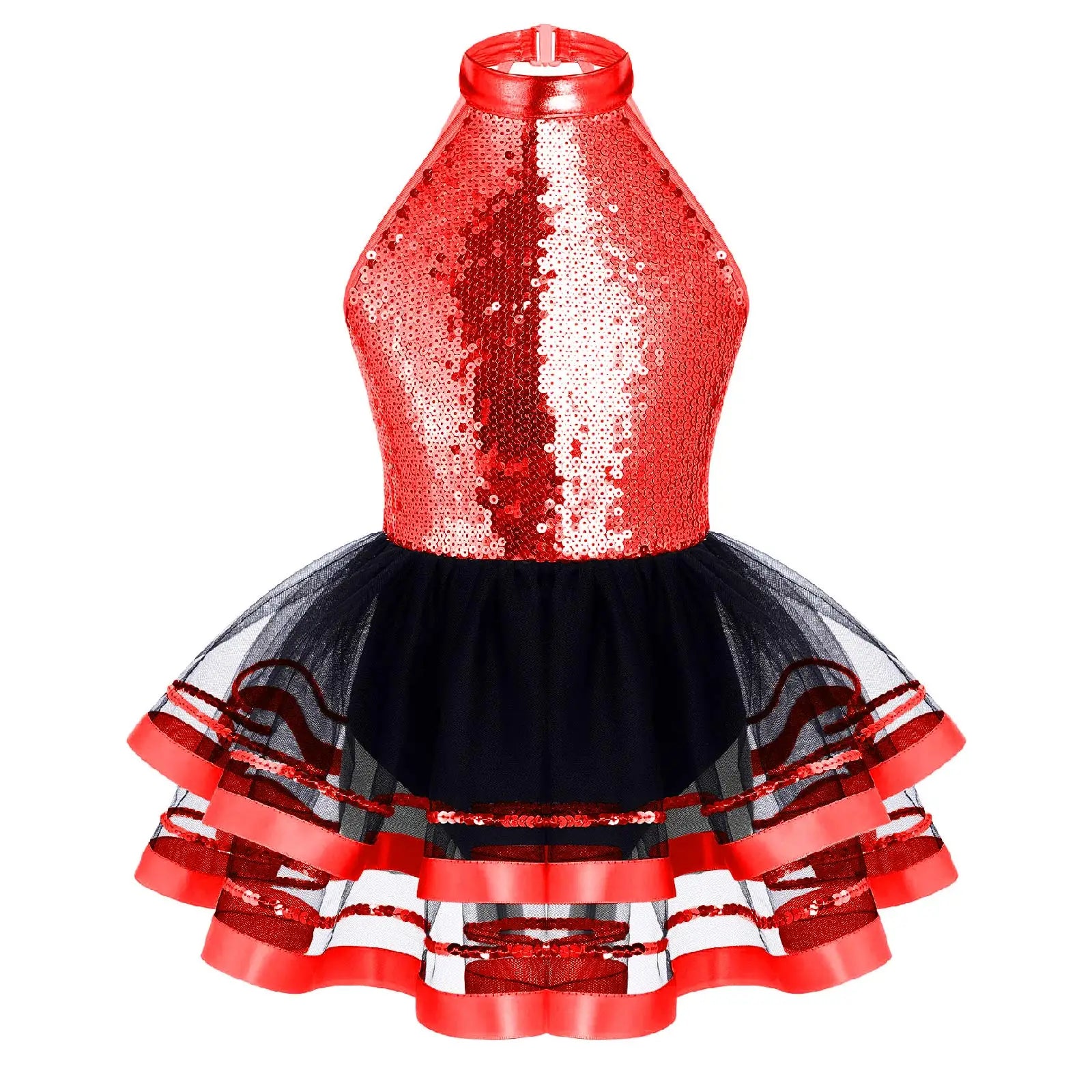 Jazz Dance Costume Kids Halter Shiny Sequins Gymnastics Unitards Dress Girls Ballet Leotard Tutu Stage Performance Clothing