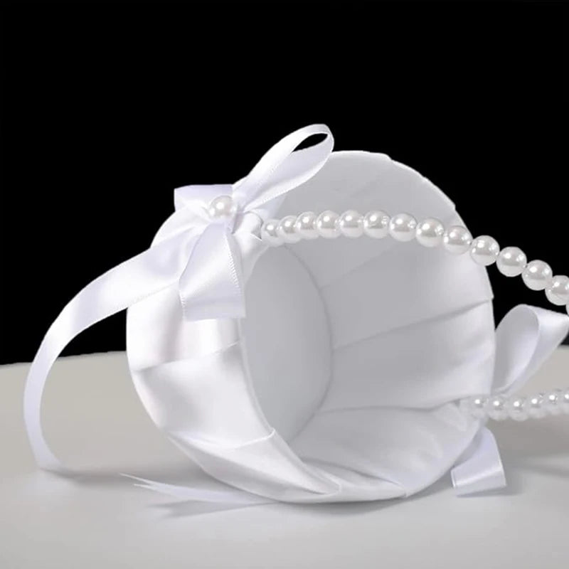 Wedding White Satin Bow Flower basket Flower Carrying basket with pearl handle suitable for bridesmaids and flower girls