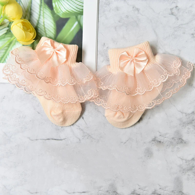 0-9Y Baby Cotton Socks With Lace Girls Ankle Socks Bows Toddlers Floor Sock Cute Frilly Socks For Children Girls Princess Sock