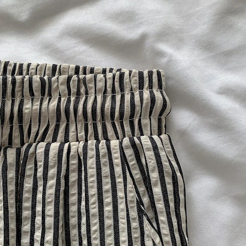 Korean Laid-ba Striped Drapey Casual Pants Women's High-waist Elastic Thin Straight Long Trousers Summer Faion Commute