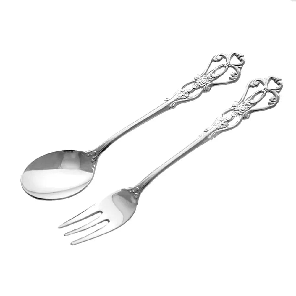1 Pair Vintage Gold Spoon Fork Cutlery Set Stainless Steel Luxury Dessert Spoon Outdoor Tableware Camping Cooking Supplies