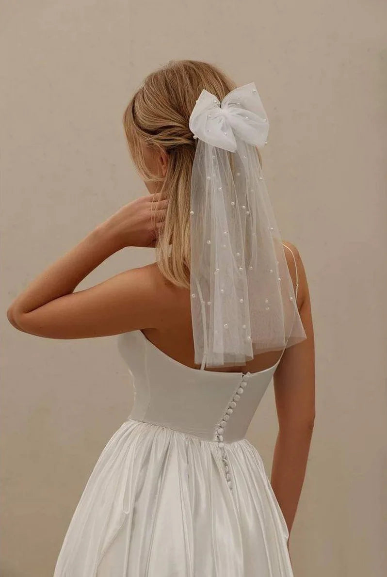 Women Long Ribbon Mesh Bow Hair Clips Elegant Pearls Hairpin White Mesh Hairpins Wedding Party Bride Hair Accessories