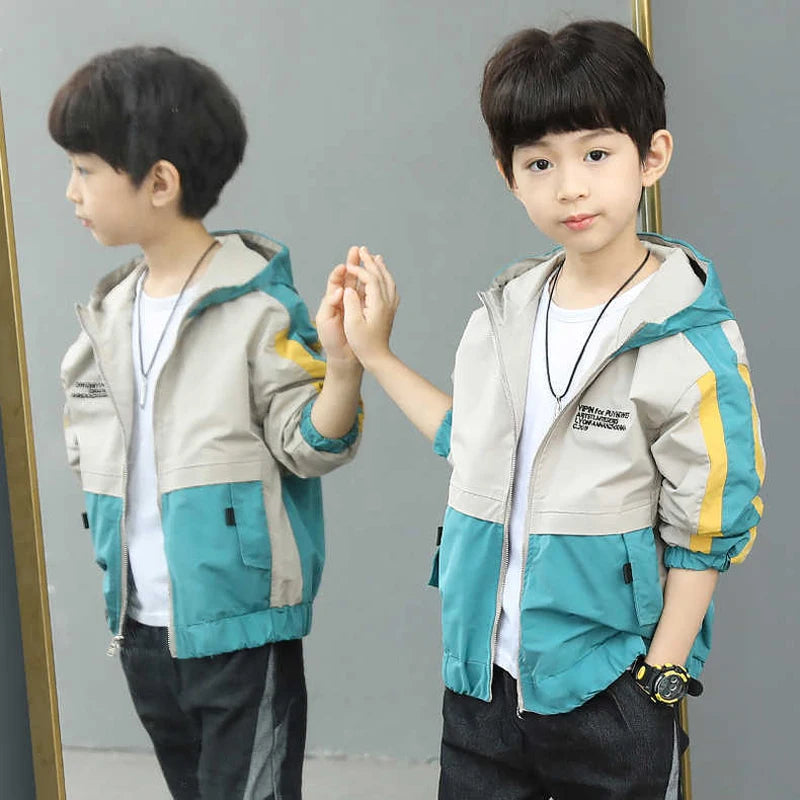 2025 New Splicing Boys Coat Spring Autumn Letter Printing Handsome Hooded Windbreak For 4-12 Years Kids Sports Leisure Outerwear