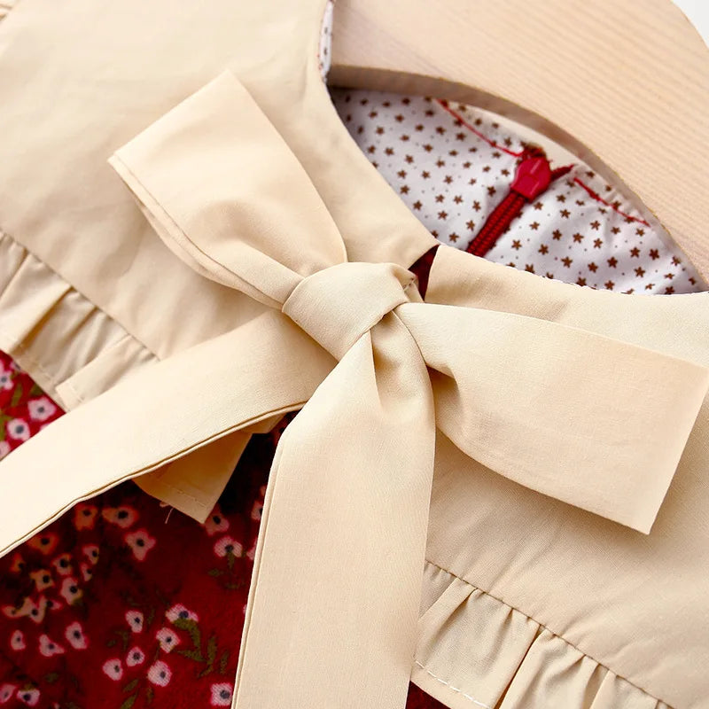 Girls' Autumn New Dress Children's Solid Large Polo Neck Long Sleeve Princess Dress Girls' Bow Spring and Autumn Dress