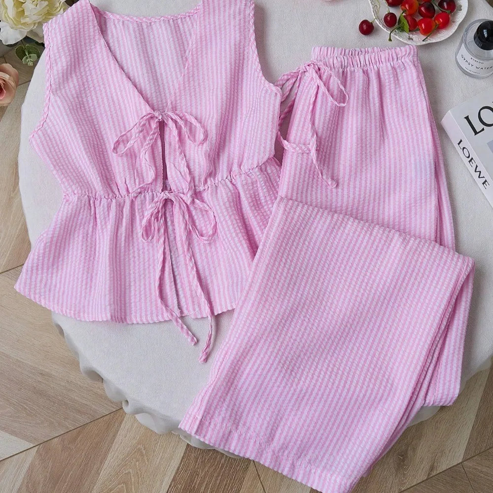 Women‘s Two-Piece Set -Solid Color with Stripe Detail Lounge Set,Strappy Camisole & Wide Leg Tie-Waist Pants,Sweet Casual Outfit