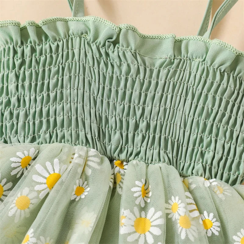 Baby Girls Romper Set Spaghetti Straps Pleated Flower Print Tulle Patchwork A-line Dress with Bowknot Headband