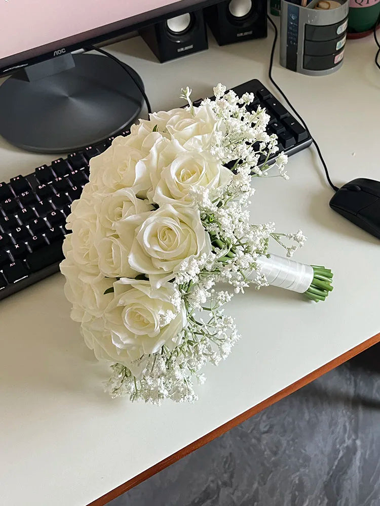 Bridal Bouquet Wedding Flowers Bridesmaids Silk Roses Fake Babys Breath Bride Wedding Accessories Table Centerpiece Decoration