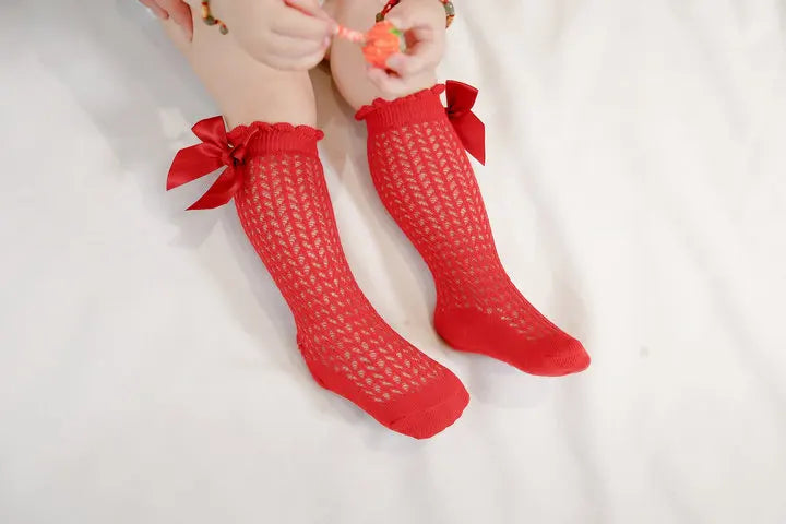 Simmer Spring Mesh Thin Cotton Korean Bow White Stockings Baby Princess Knee High Long Socks with Lace Ruffles for Newborn Girls