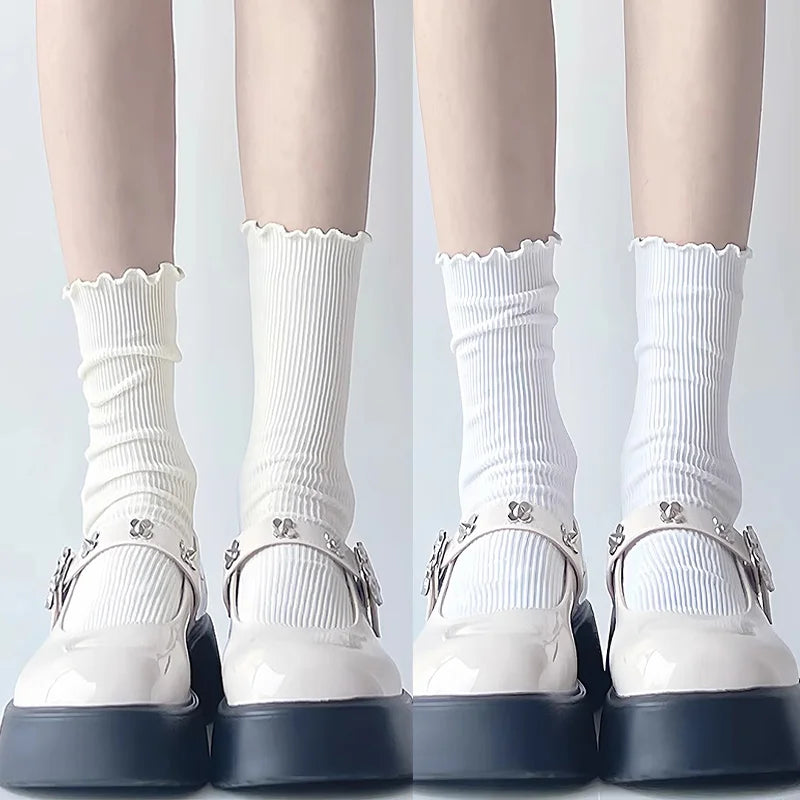 Fashion New Ruffle Socks for Women Mid Crew Middles Tube Ankle High Breathable Cotton Socks Black White Beige Female Cute Sock