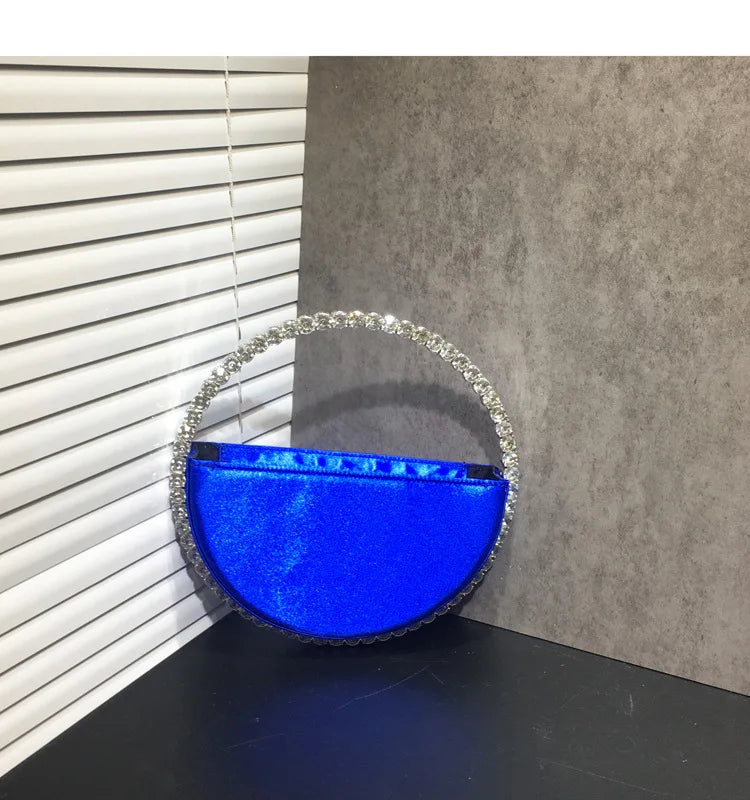 Lady Blue/Pink Diamond Circular Evening Bag Women Fushia Round Handle Rhinestone Dinner Clutch Purse Ladies Half Moon Handbags