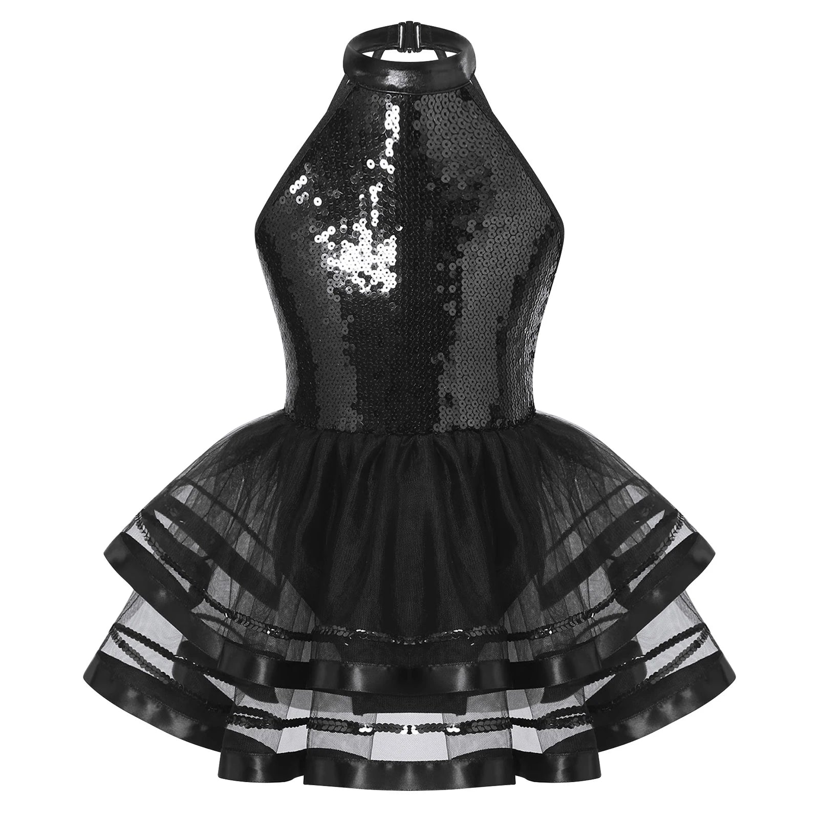 Jazz Dance Costume Kids Halter Shiny Sequins Gymnastics Unitards Dress Girls Ballet Leotard Tutu Stage Performance Clothing