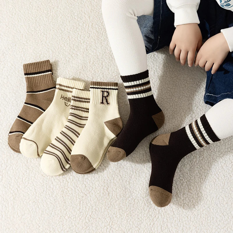 Five pairs of boys' socks for autumn and winter, trendy and versatile alphabet striped looped mid-calf socks