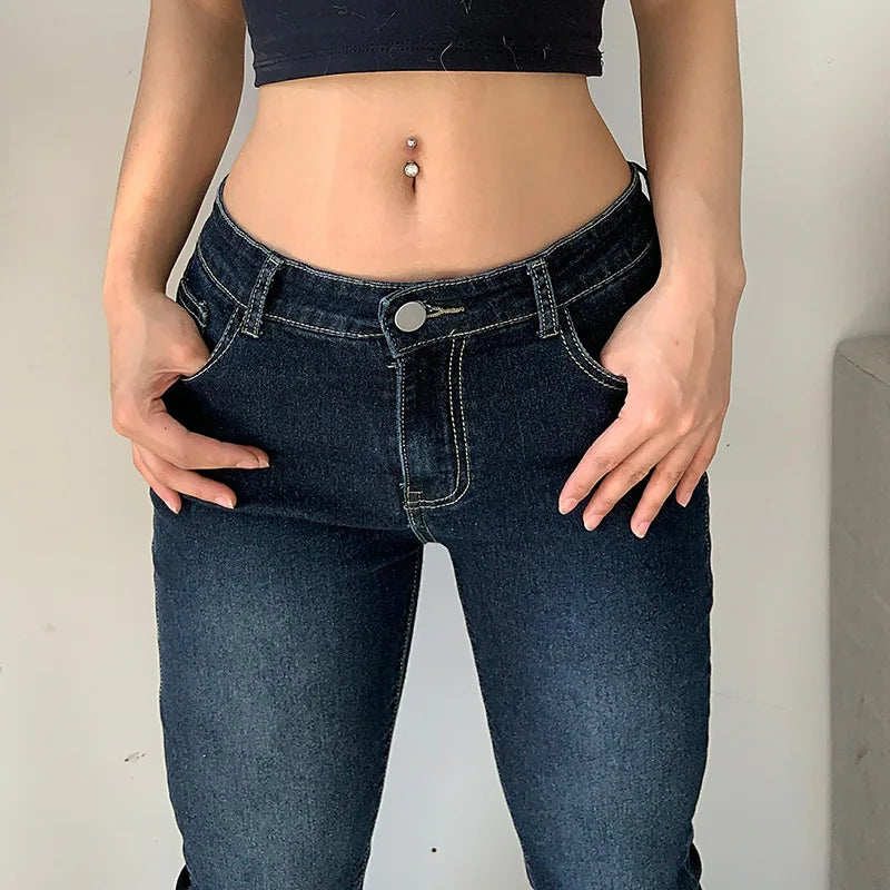 Kalevest Y2K High Street Low Rise Jeans Blue Women Pants Bootcut  Pockets Jeans Streetwear Low Waist Jeans Wide Leg Pants
