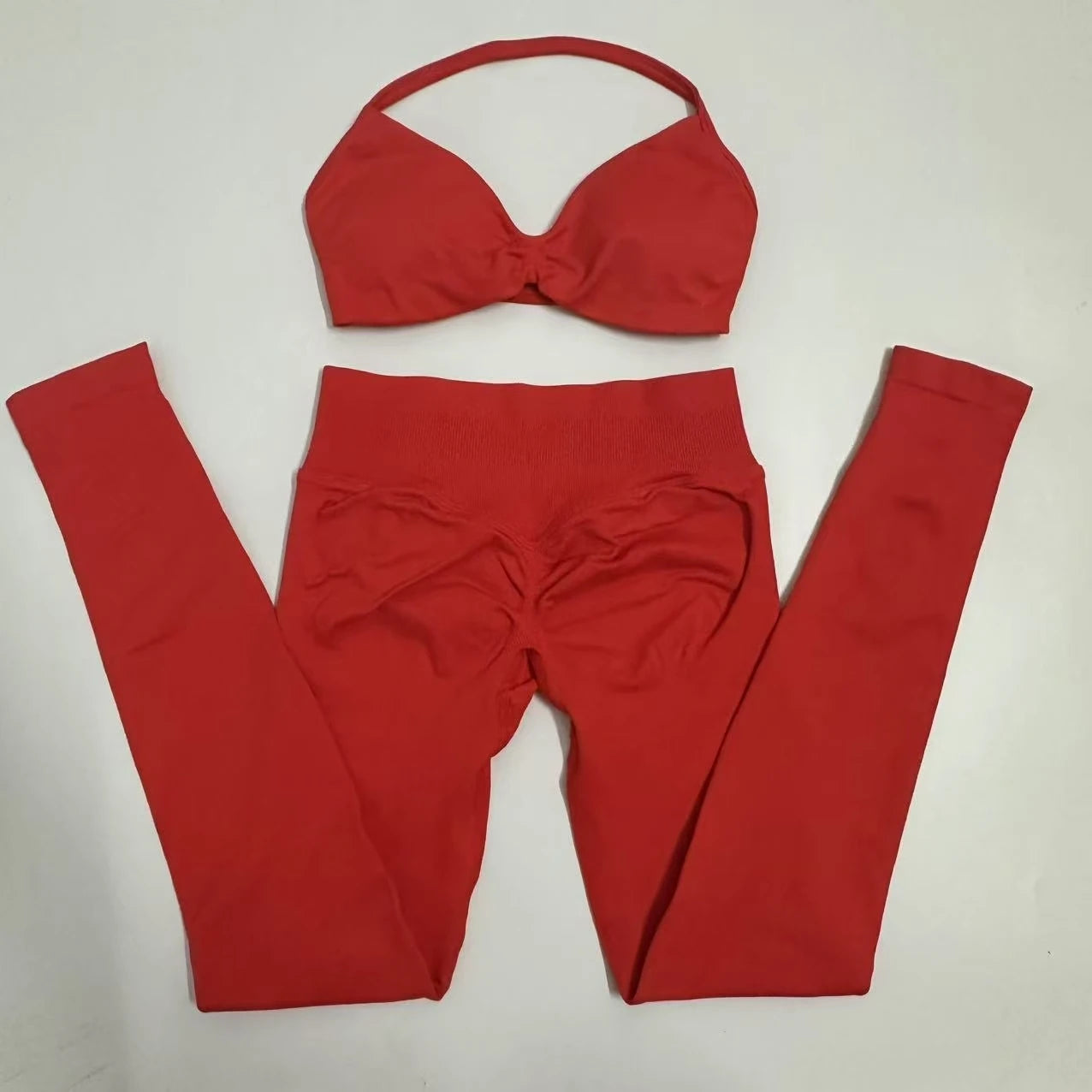 Seamlessyoga Set Women Workout Scrunch Leggings Set Strappy Halter Sports Bra Fitness Gym Clothing Workout Set 2 Pieces