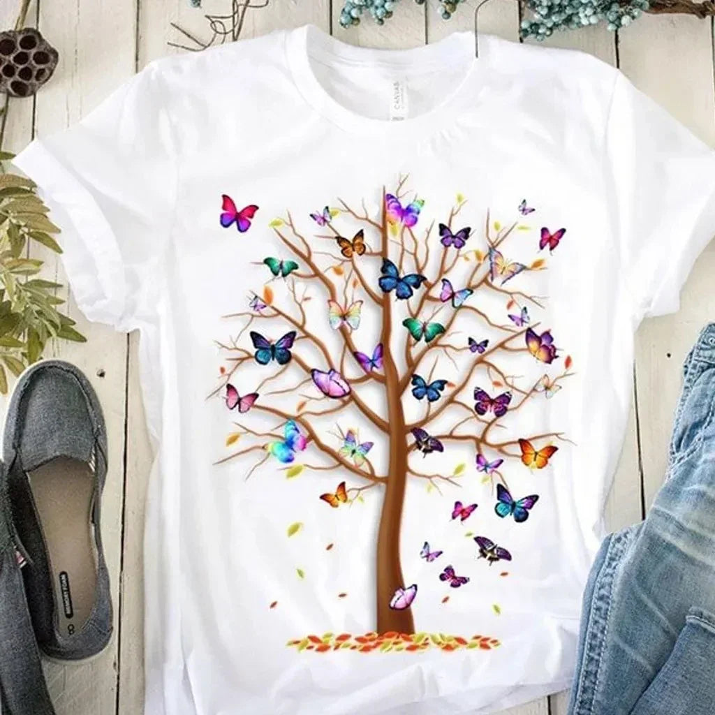 gothic Women's Butterfly Tree Print Harajuku T-Shirt Round Neck Top Short Sleeve Casual Summer Tee Shirt