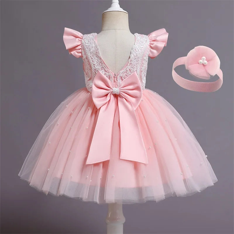 12M Baby Girl Princess Dress Infant One Year Birthday Outfits Toddler Girl Flower Bow Evening Party Tutu Gown Kids Gala Clothes