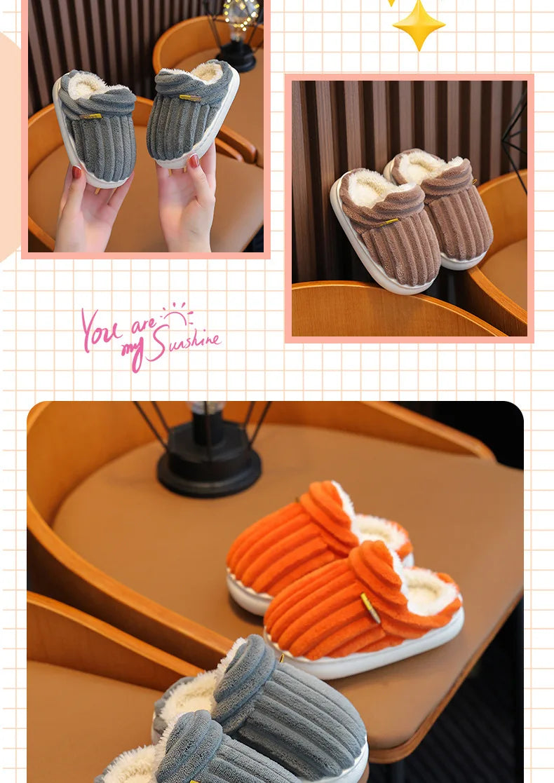 Winter children's cotton slippers for boys and girls, anti slip and warm bags, and parent-child fuzzy and plush home baby cotton