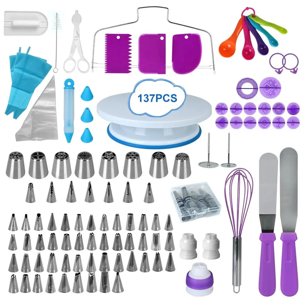 137Pcs Cake Decorating Tools Kit Pastry Turntable Kit Piping Nozzle Piping Bag Set Rotating Stand Baking Tools Accessories Bak